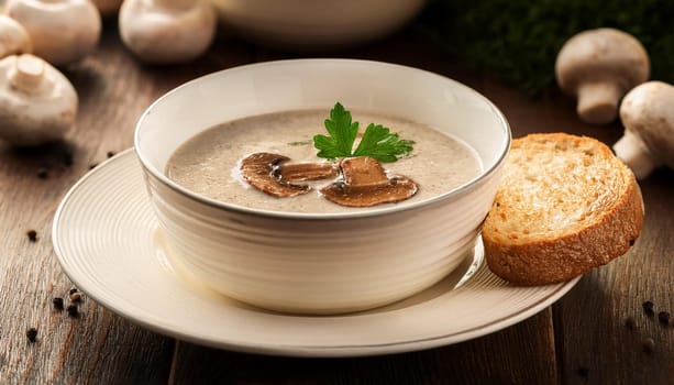 mushrooms cream soup with roasted bread, AI generated image