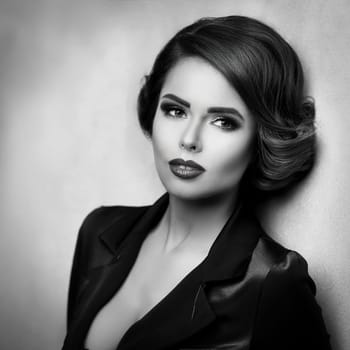 portrait of pretty young woman in black and white, AI generated image