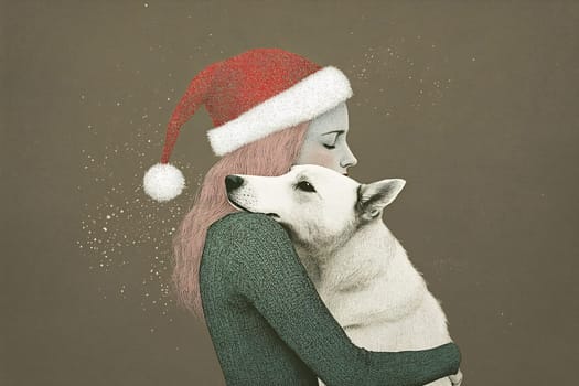 A woman embraces her dog, both radiating warmth and love during the festive holiday season.