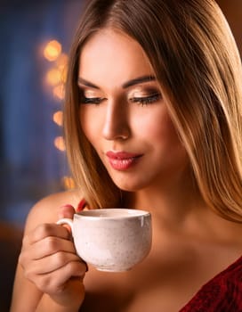 pretty young woman drinking coffee or tea, AI generated image