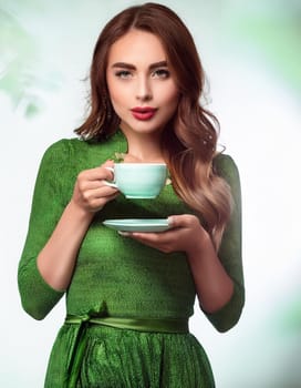 pretty young woman drinking green tea, AI generated image