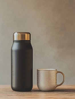 A sleek black thermos rests next to an elegant golden mug on a wooden surface, creating a modern and minimalist look.