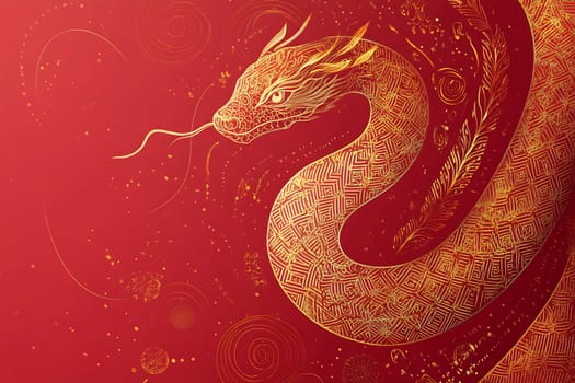 A striking golden dragon winds gracefully against a vibrant red background, capturing the essence of traditional artistry and cultural symbolism.