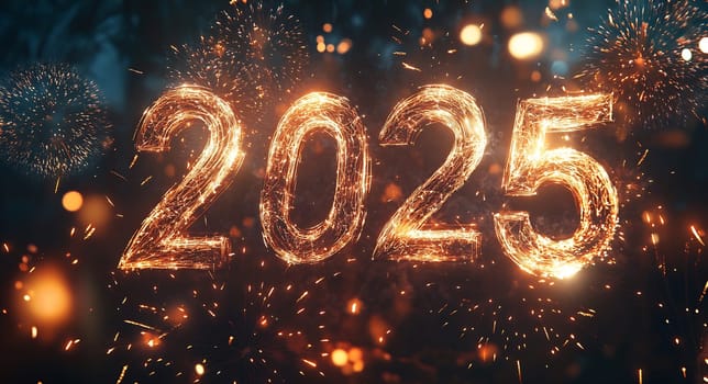 Fireworks illuminate the night sky as people celebrate the arrival of the New Year 2025 with joy and excitement.