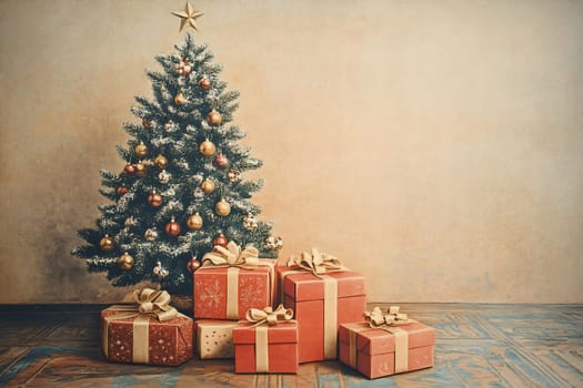 A decorated Christmas tree stands proudly beside beautifully wrapped gifts in a cozy living room setting.