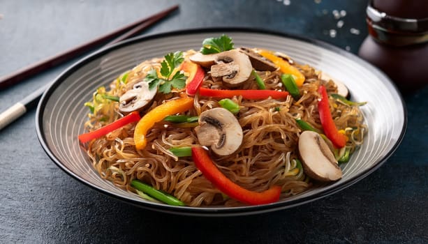 vegetarian asian rice noodles with shiitake mushrooms and vegetables, AI generated image