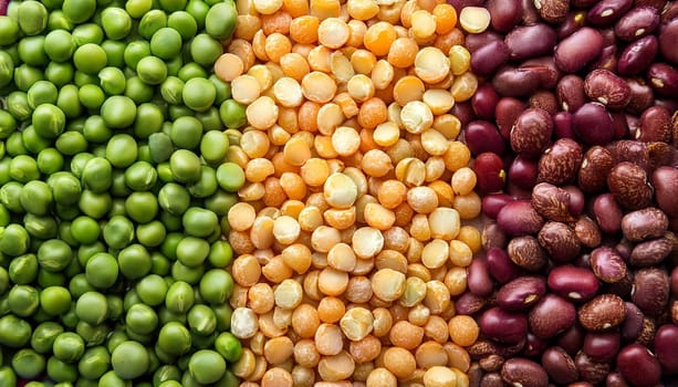 peas and lentils and beans top flat view, AI generated image