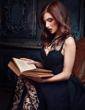 pretty young goth woman dressed in black, AI generated image