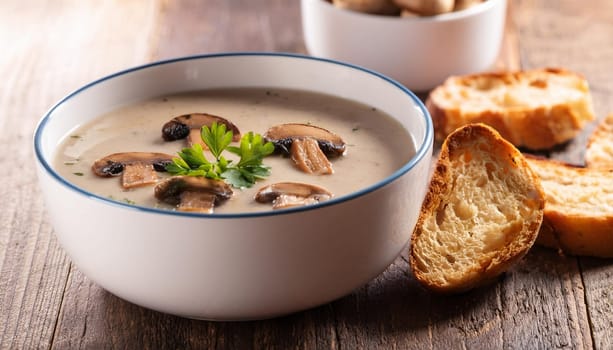 mushrooms cream soup with roasted bread, AI generated image
