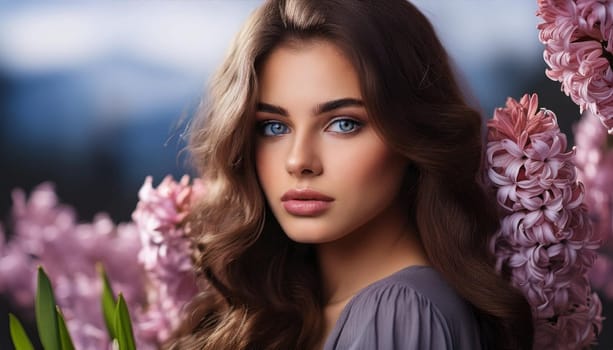 pretty young woman in hyacinth garden, AI generated image