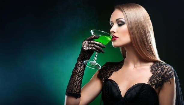 pretty young goth woman drinking, AI generated image