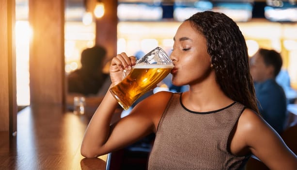 pretty young woman drinking beer in a pub, AI generated image