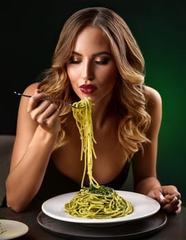 pretty young woman eating spaghetti al pesto, AI generated image