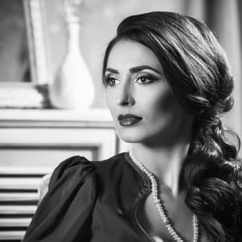 portrait of pretty young woman in black and white, AI generated image