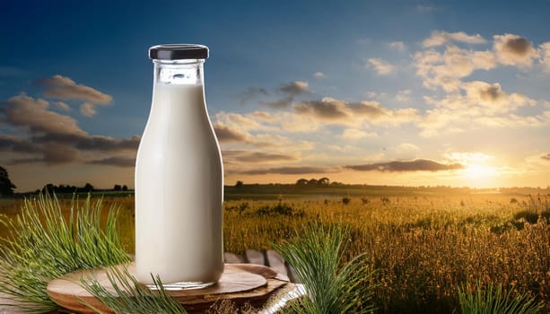 bottle of milk in natural landscape scene, AI generated image