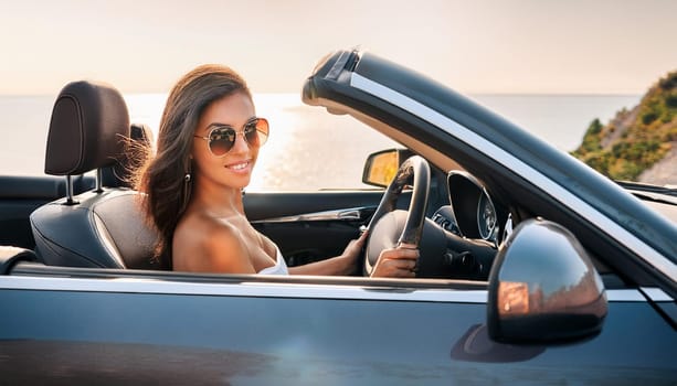 gorgeous elegant woman driving convertible cabriolet car, AI generated image