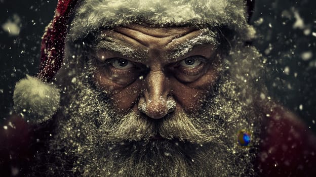 An older man dressed as Santa looks intensely at the viewer while snowflakes drift through the air creating a wintry atmosphere.