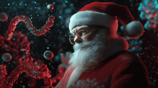 An elderly man in a Santa costume with glasses looks thoughtfully amidst colorful decorations and falling snowflakes during a holiday celebration.