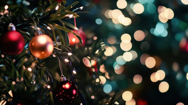 A dazzling Christmas tree sparkles with colorful ornaments and lights spreading holiday cheer and warmth this festive season.