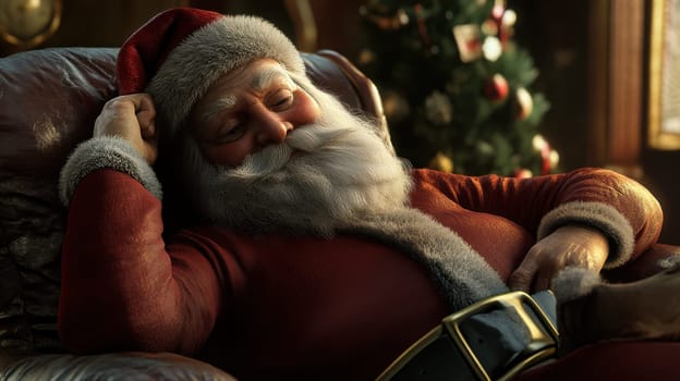 A cozy scene with Santa Claus sleeping in a chair near a beautifully decorated Christmas tree capturing the spirit of holiday cheer.