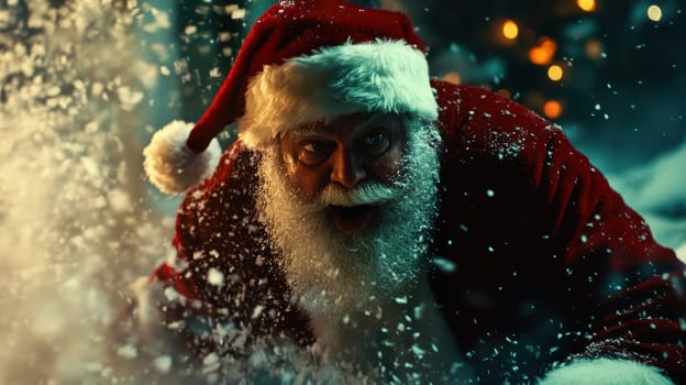 A cheerful Santa Claus with a snowy beard is seen joyfully engaging with fluffy snowflakes on a festive winter night.