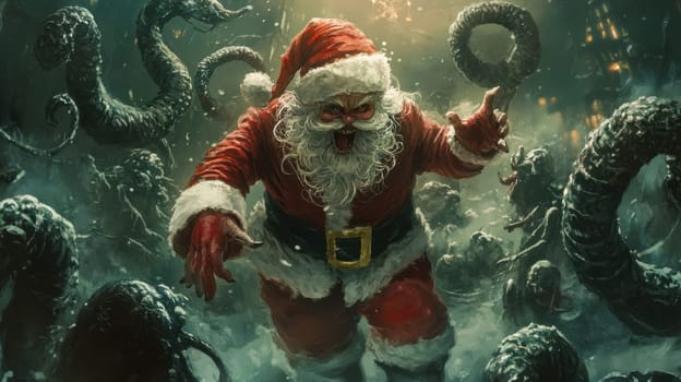 A formidable Santa Claus battles eerie tentacled monsters in a snowy surreal night filled with shadows and tension.