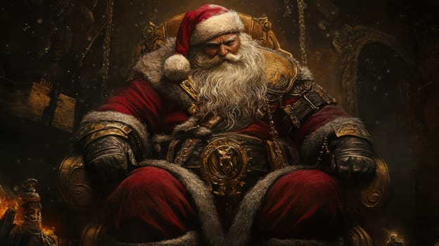 A regal Santa Claus sits in an ornate chair embodying the spirit of winter celebrations with a thoughtful expression and rich attire.