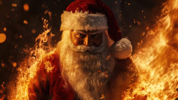 A man dressed as Santa Claus stands amidst roaring flames on a cold winter night creating a striking and intense atmosphere.