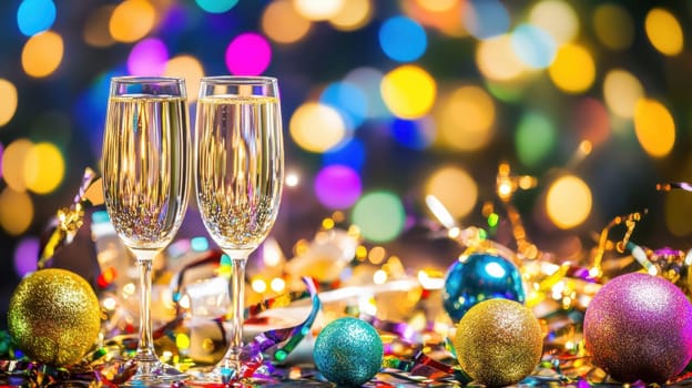 Two elegant glasses filled with bubbly drink sit amidst colorful decorations during a lively celebration with bright lights.