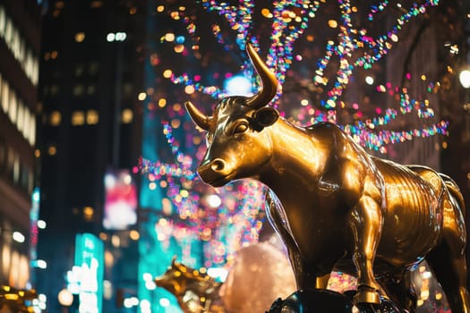 A golden bull statue shines brightly amidst colorful festive lights creating a vibrant atmosphere in the evening cityscape.