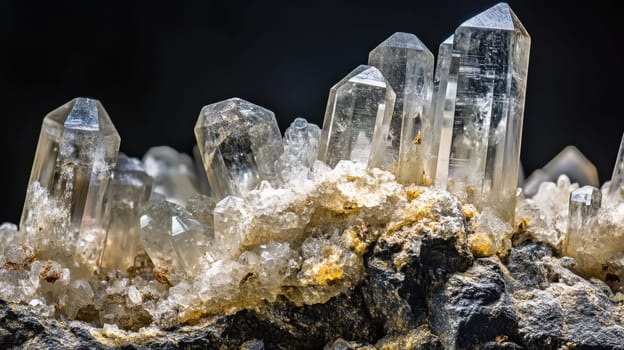 A beautiful cluster of clear quartz crystals emerges from a rocky base showcasing intricate details in a dramatic nighttime setting.