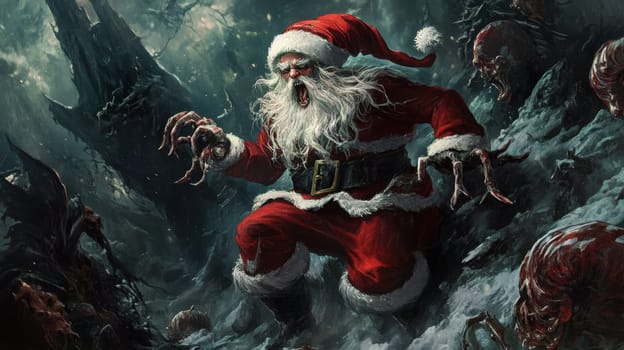 A fierce Santa Claus battles strange shadowy beings in a snowy dark forest setting creating an unusual holiday spectacle.