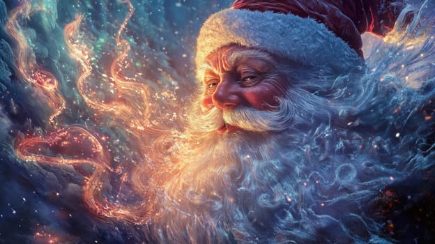 A joyful Santa Claus radiates warmth and magic amidst a snowy winter landscape evoking the spirit of the holiday season.