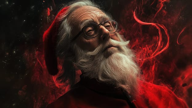 An elderly man in a red Santa suit contemplates with a serene expression surrounded by swirling mystical elements.