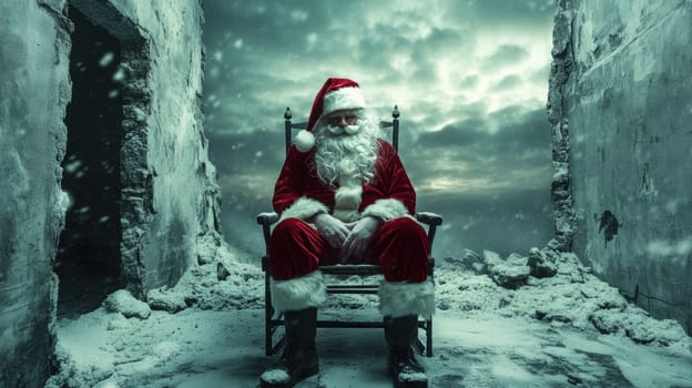 A figure dressed as Santa Claus sits in a dilapidated room covered in snow creating a mysterious and eerie atmosphere.