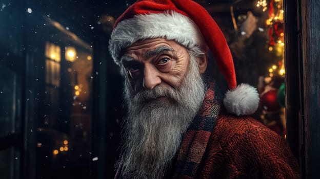 A elderly man in a red Santa hat stands warmly showcasing a thick beard surrounded by festive decorations during the holiday season.