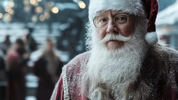 Santa Claus stands warmly dressed surrounded by holiday decorations preparing for festive celebrations with cheerful helpers.
