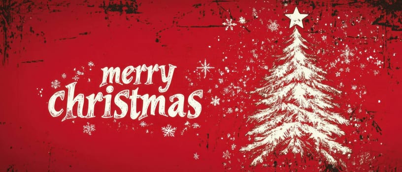 A beautifully drawn Christmas tree with snowflakes on a vibrant red background celebrates the holiday spirit.