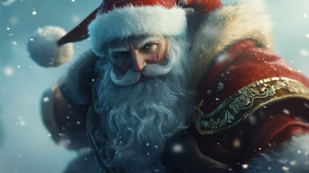 A cheerful Santa Claus with a bushy beard is surrounded by snowflakes embodying the joyful spirit of the holiday season.