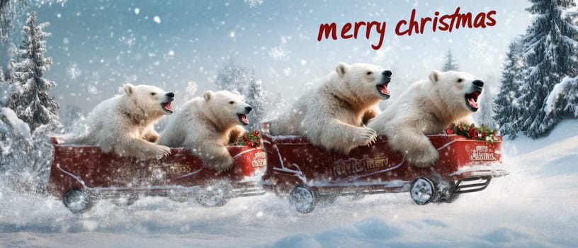 Three polar bears happily ride in red sleds through snowy terrain celebrating Christmas with joy and excitement.