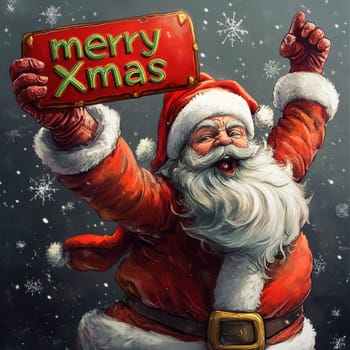 A joyful Santa Claus dressed in traditional red attire holds a sign wishing everyone a Merry Christmas amidst falling snowflakes.