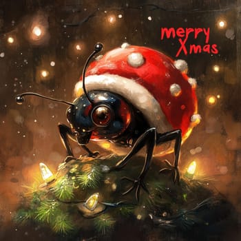 A cheerful ladybug dons a Santa hat while perched on a decorated Christmas tree surrounded by twinkling lights and festive ambiance.