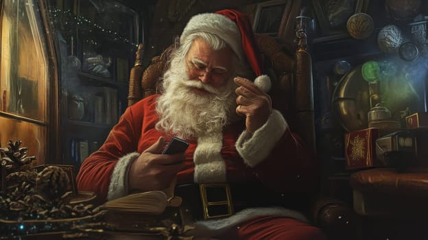 A jolly Santa Claus examines his list while seated in a warm charming workshop filled with holiday decorations and gifts.