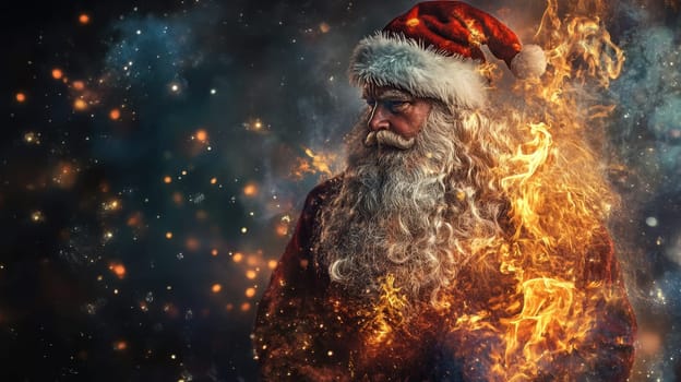A mystical portrayal of Santa Claus with fiery elements and swirling lights creating a magical holiday ambiance.