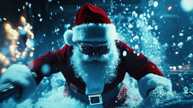 Santa Claus joyfully navigates through falling snow embracing the festive spirit during a winter night with twinkling lights.