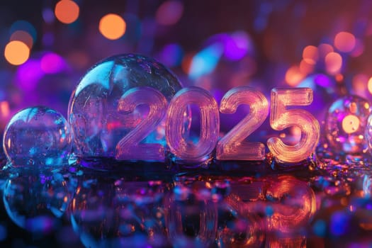 The vibrant display of the year 2025 is surrounded by colorful bubbles and shimmering lights evoking a festive atmosphere.