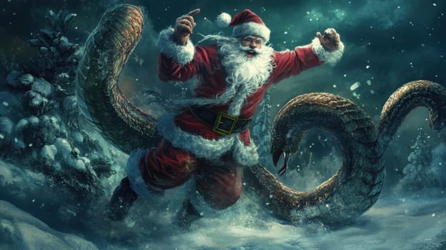 Santa Claus joyfully confronts a massive serpent amidst a snowy forest blending holiday spirit with a fantastical battle scene.