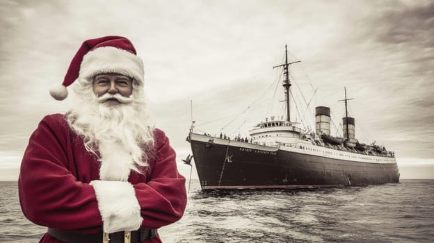 A joyful Santa stands with arms crossed near a large historic ship on a calm winter day by the shore.