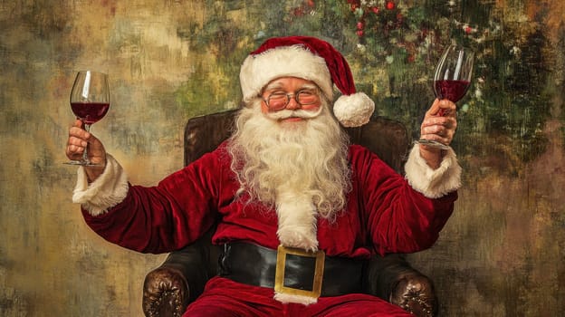 A joyful Santa is raising two glasses of wine while seated. The backdrop features holiday decorations and a warm atmosphere.