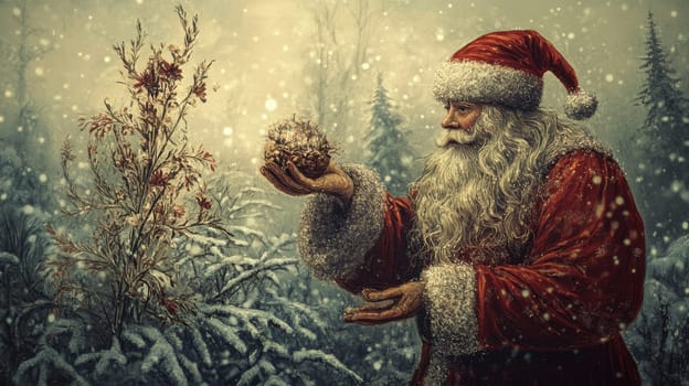 A joyful Santa Claus stands in a serene snowy forest admiring a pine cone in his hand while gentle snowflakes fall around him.